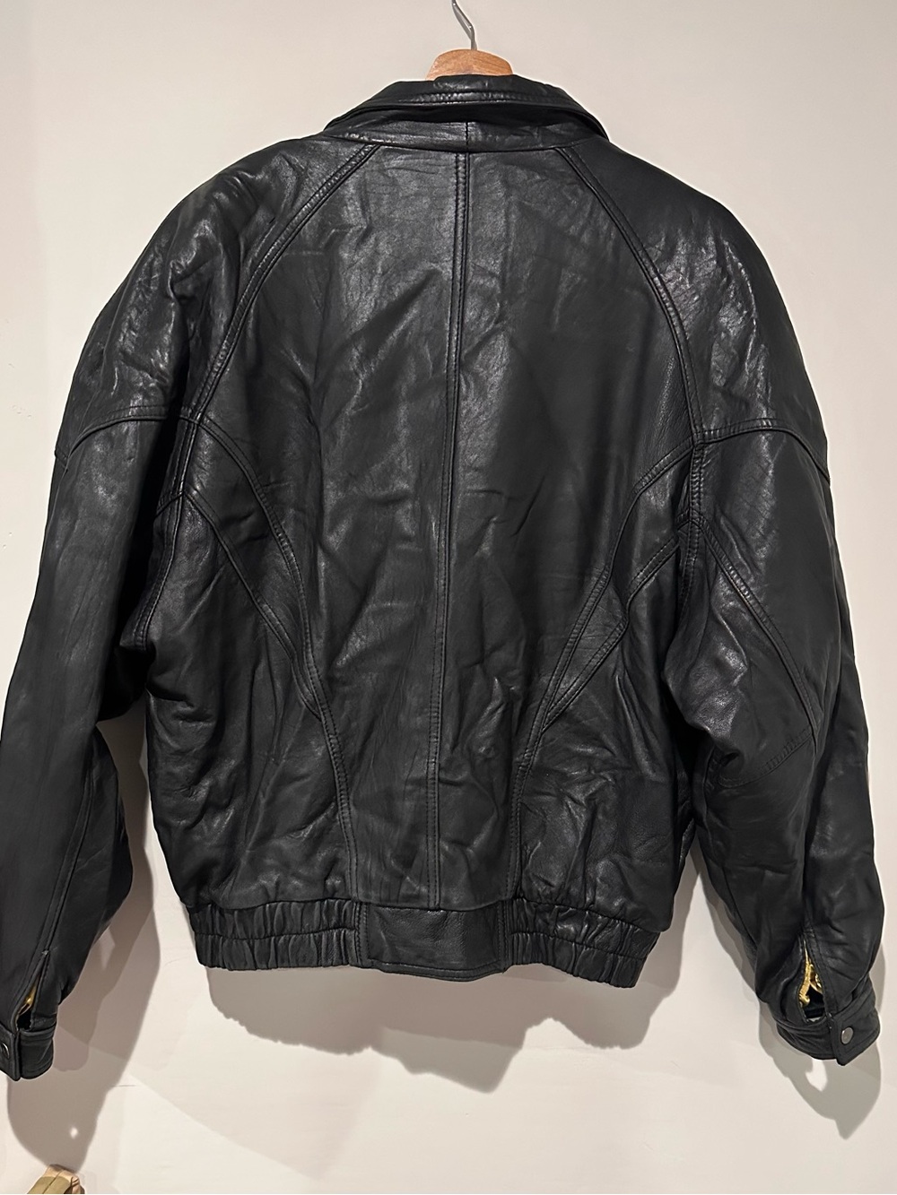 Vintage I.O.U Genuine Leather Moto Bomber Jacket Black Oversized Korea Men L XL - Picture 7 of 8